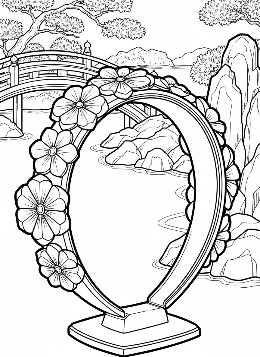 A simple origami headband with flower decorations along the band, displayed in a circular shape from above.