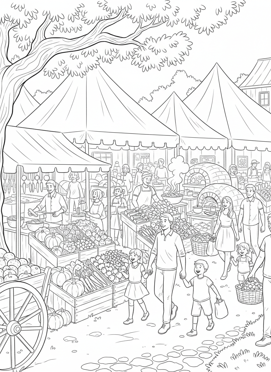 A local farmers market with fresh produce stands, food vendors, and families exploring the busy outdoor market together.