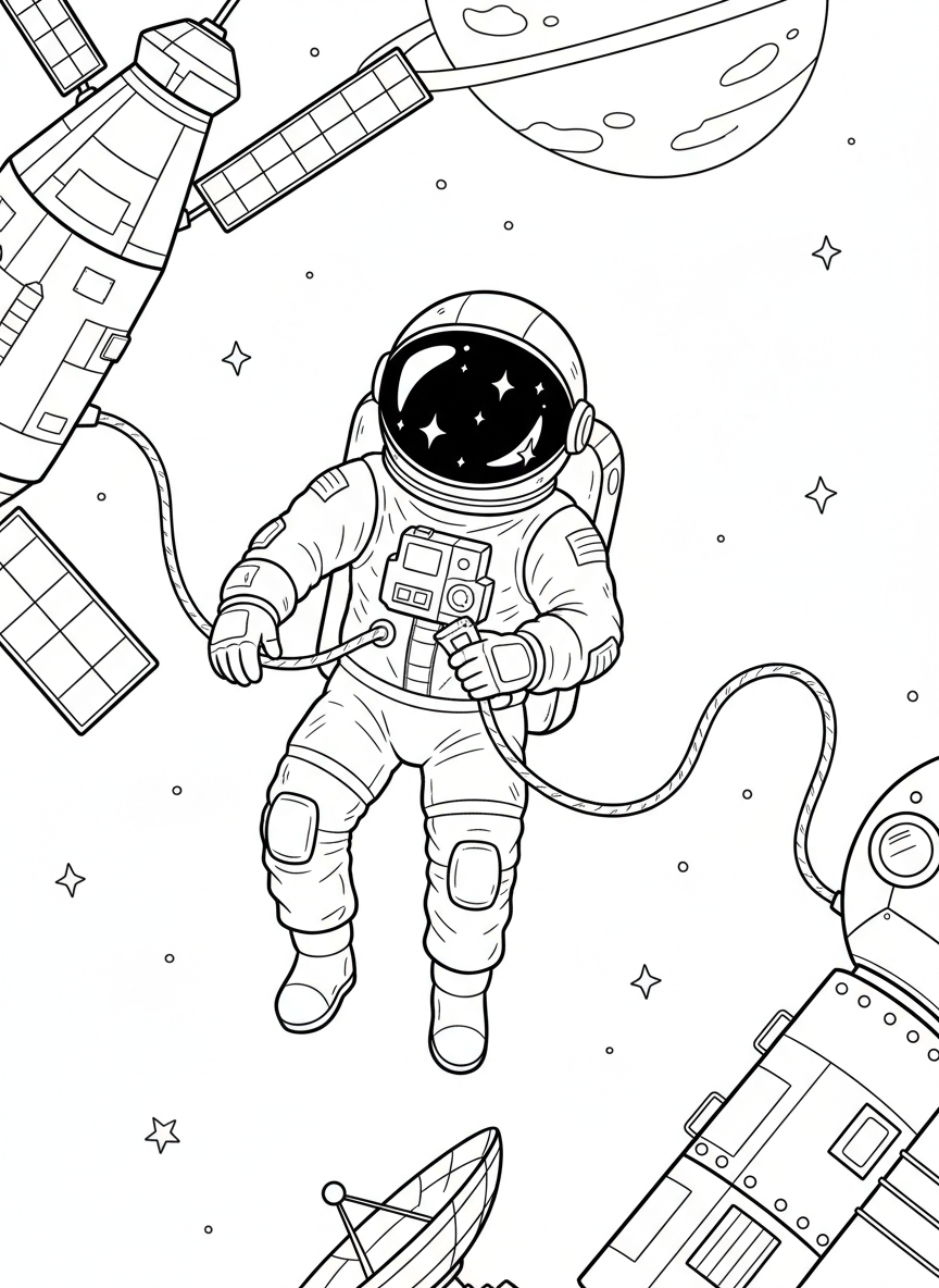 An astronaut floating outside a spacecraft doing a spacewalk, tethered by a cord, helmet reflecting stars