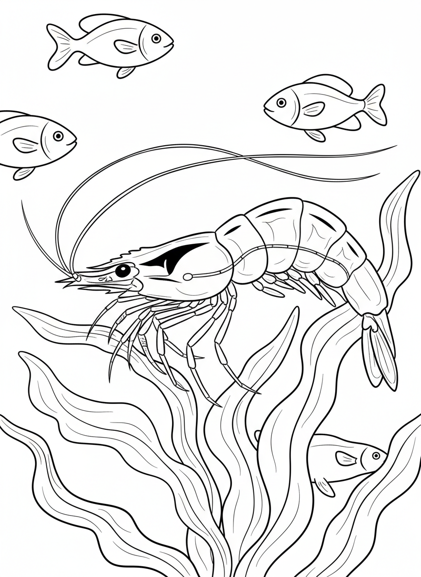 A side view of a transparent glass shrimp with visible segments, resting on kelp with small fish swimming in background.