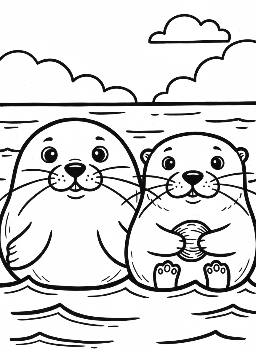 Two rocks side by side: one with a friendly seal face and one with a sea otter holding a clam, both with whiskers and cute expressions