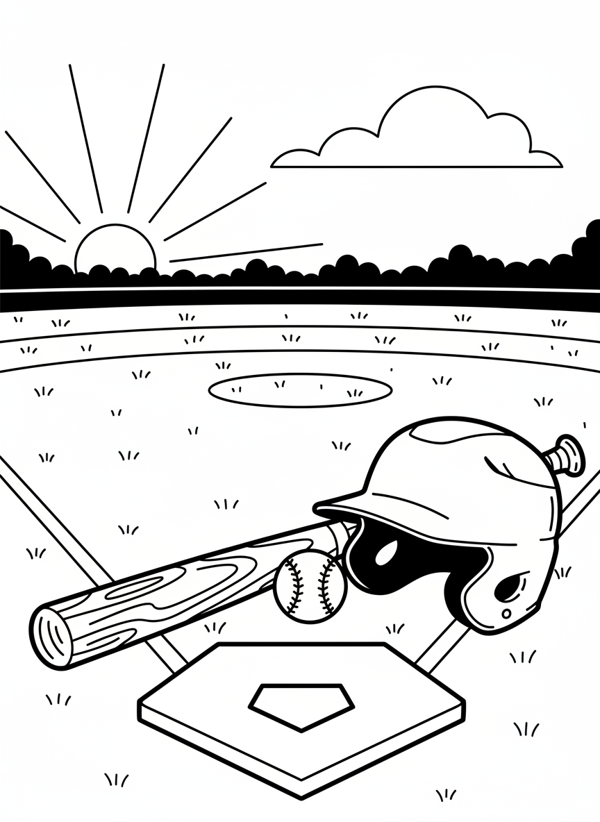 A simple scene of a baseball bat, helmet, and ball resting on home plate before the game starts.