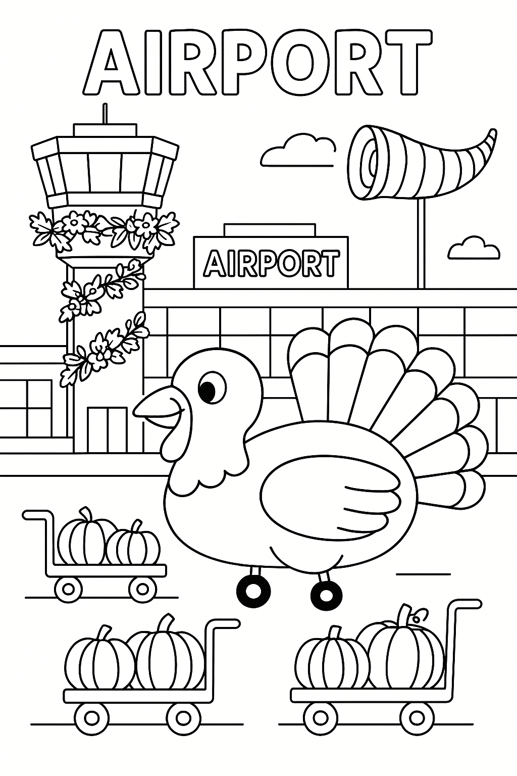 Airport terminal and a turkey-shaped airplane, control tower wrapped in autumn garlands, luggage carts filled with pumpkins, cornucopia-shaped wind sleeve.