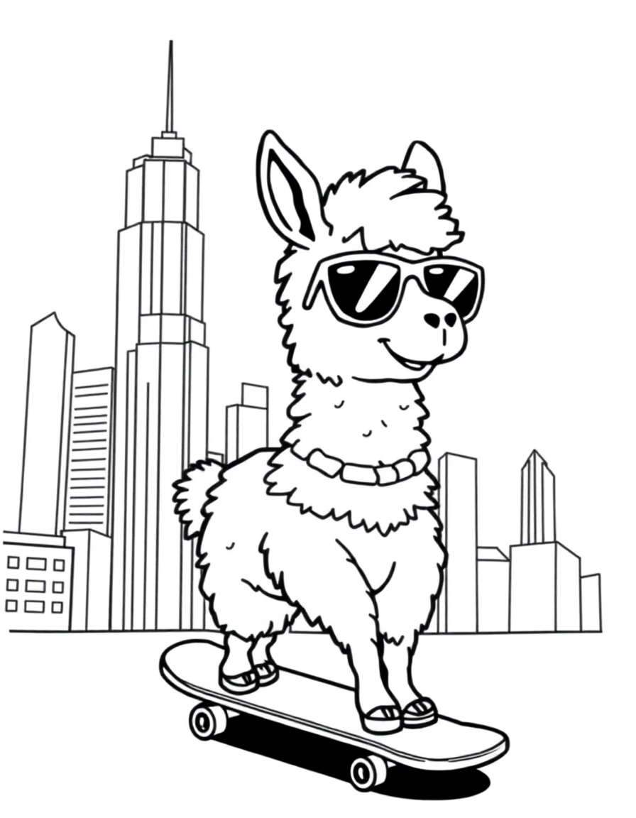 a smiling Llama wearing sunglasses and riding a skateboard with tall skyscrapers in the style of new york city in the background 