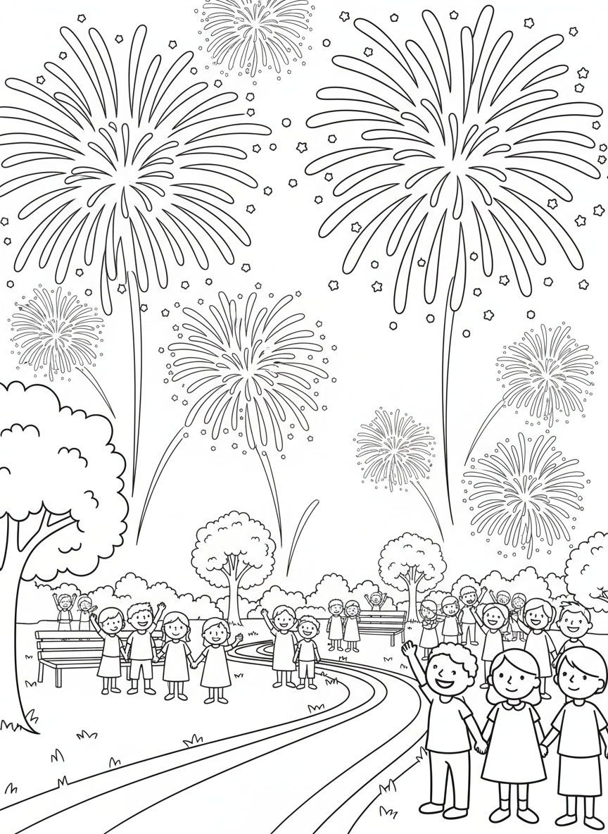 Fourth of July Fireworks coloring page prompts focusing on nighttime celebrations, glowing skies, and shared moments of awe.	Crowds gathered in a park, faces lit by bursts of light as fireworks fill the sky.