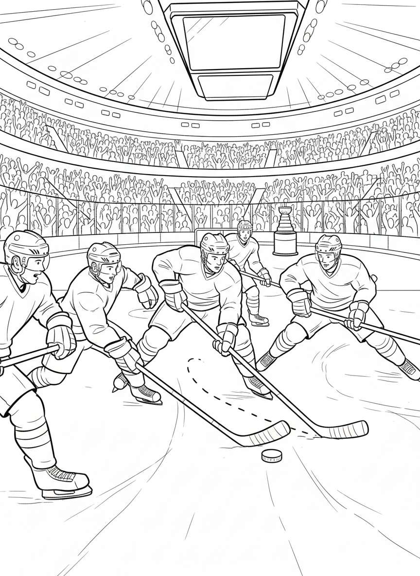 Stanley Cup Finals coloring page prompts capturing intense hockey action, frozen arenas, passionate fans, and championship tradition.	A power play setup with the puck moving quickly between skaters, defenders scrambling as the arena grows louder with each pass.