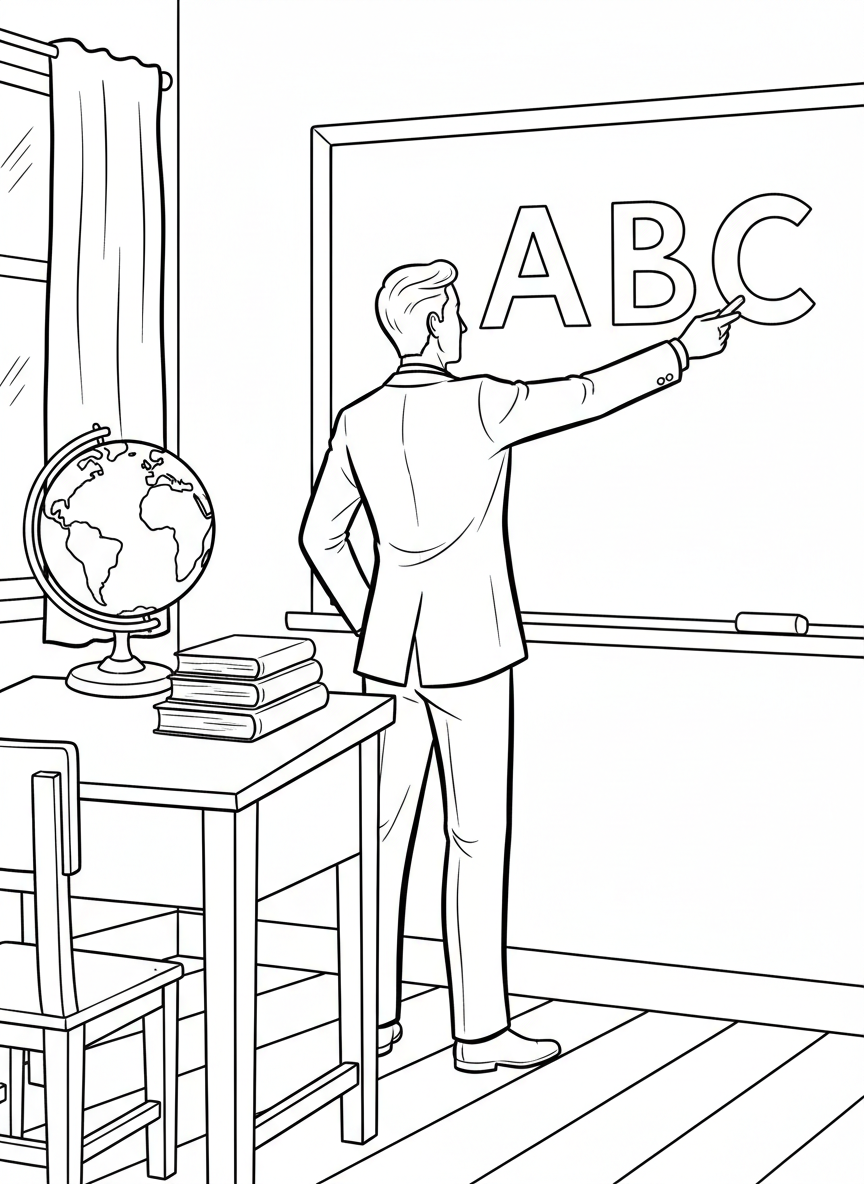 A teacher standing at a chalkboard pointing to ABC letters, with a desk and globe nearby in a classroom setting.