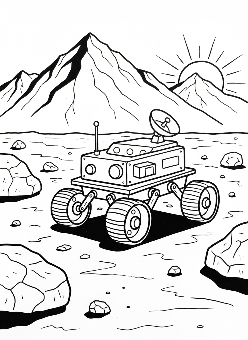 A cute robot rover exploring the rocky surface of Mars, with mountains and the sun in the distant horizon