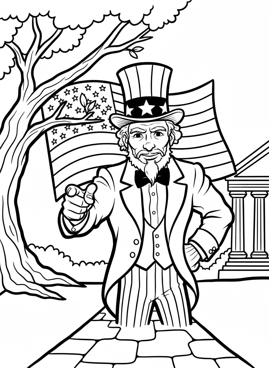 Uncle Sam character pointing forward with his iconic striped pants, star-covered jacket, and tall hat in a welcoming pose