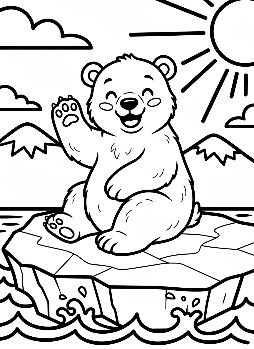 A cheerful polar bear cub sitting on an ice floe, waving one paw with a big smile, simple background with wavy water lines