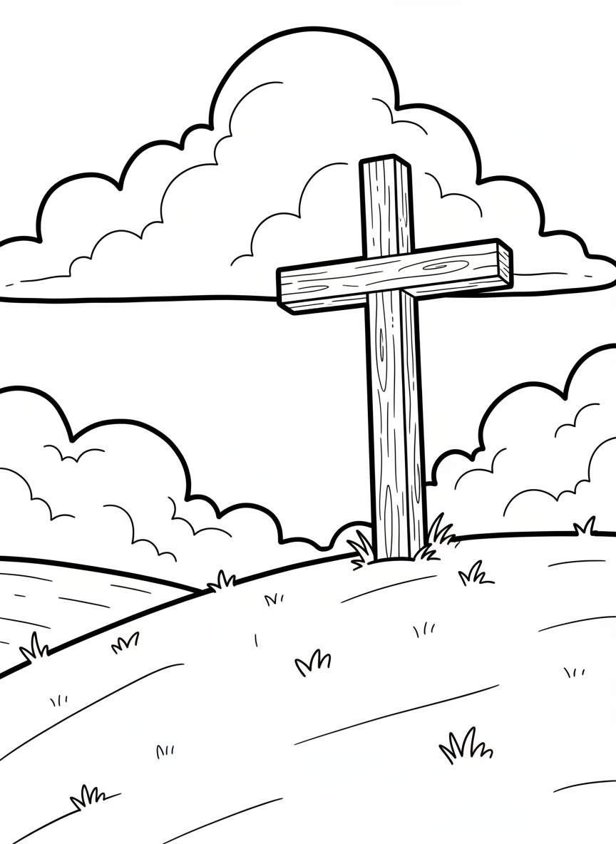 A simple wooden cross standing on a grassy hill with clouds in the sky, perfect for young children to color