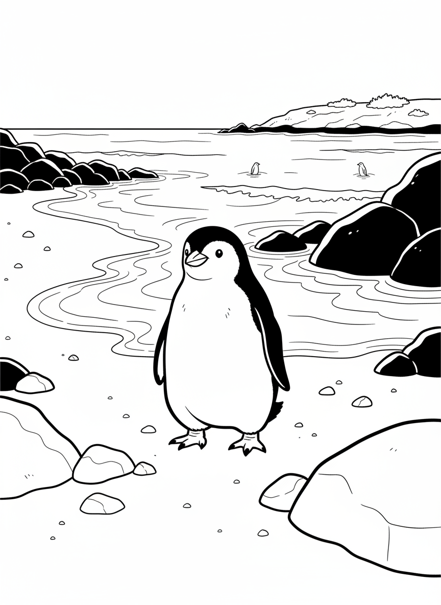 A fairy penguin standing on a beach with small waves and rocks, the smallest penguin species found in Australia.