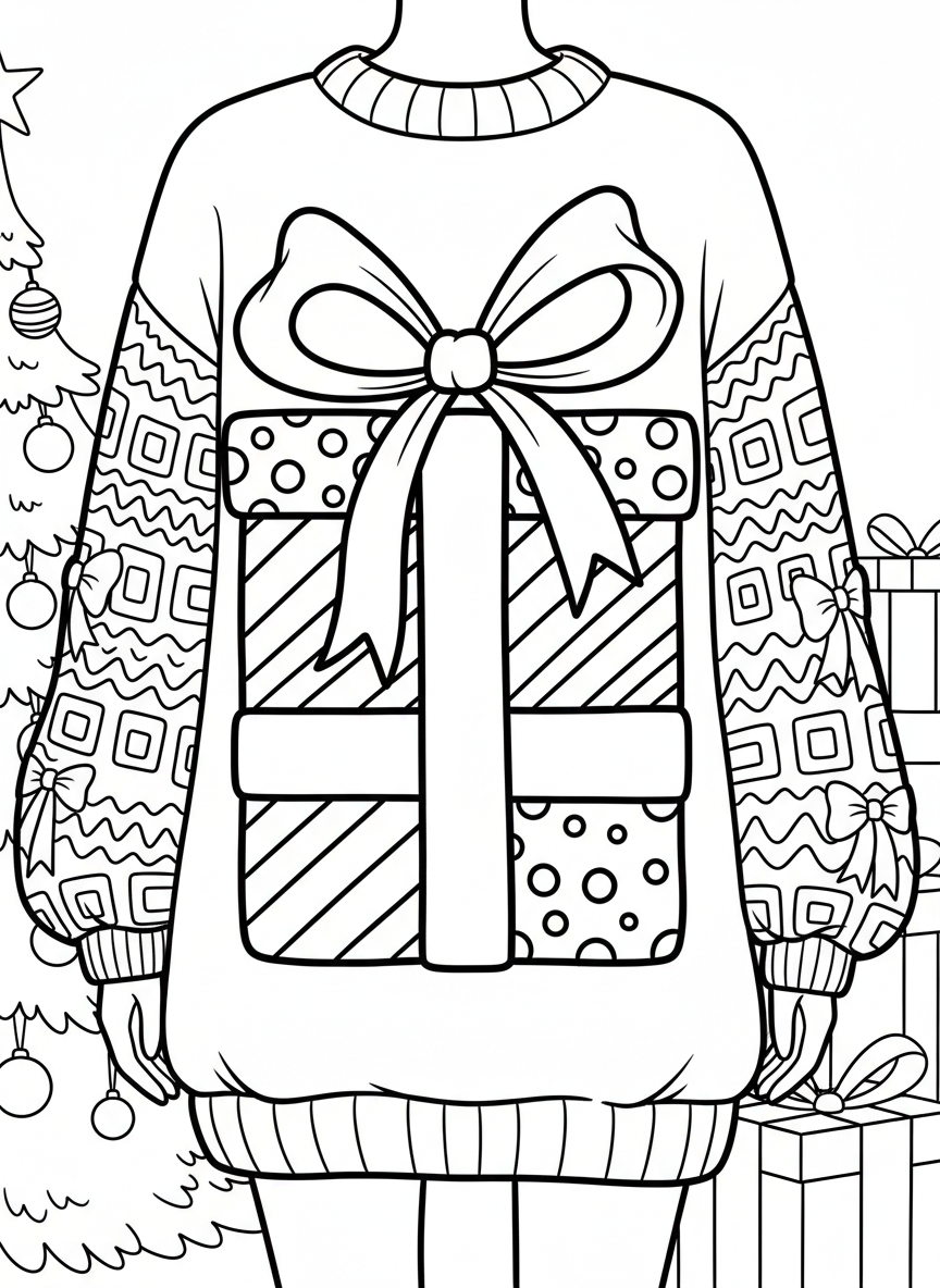 A silly sweater with a large bow or present design on the front, decorated with ribbons, bows, and geometric patterns on the sleeves.