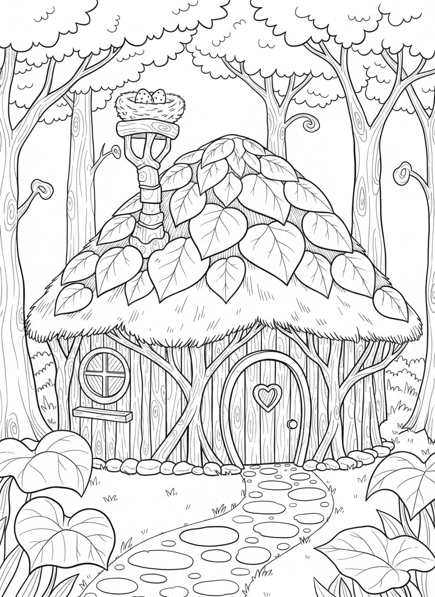 A fairy cottage with walls made of woven twigs, a thatched leaf roof, heart-shaped door, and a tiny bird's nest on the chimney.