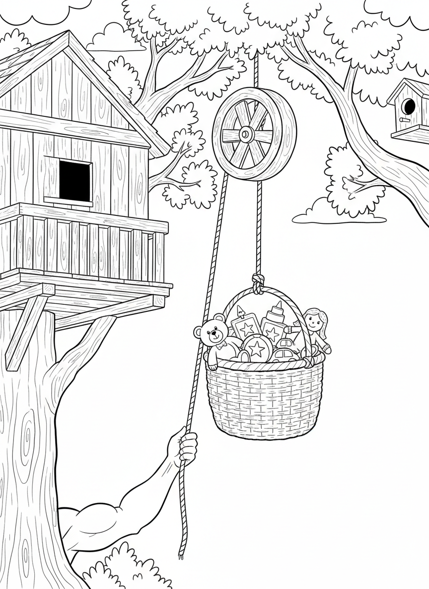 A pulley system with a basket full of toys being lifted to a treehouse, with clear mechanical details.