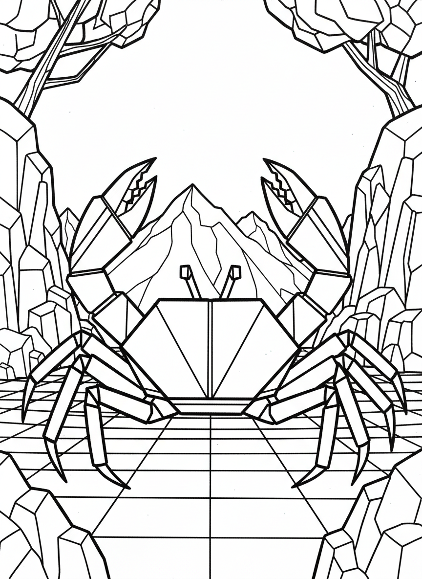 An origami crab with geometric claws held up, eight jointed legs, and square folded body with eye stalks
