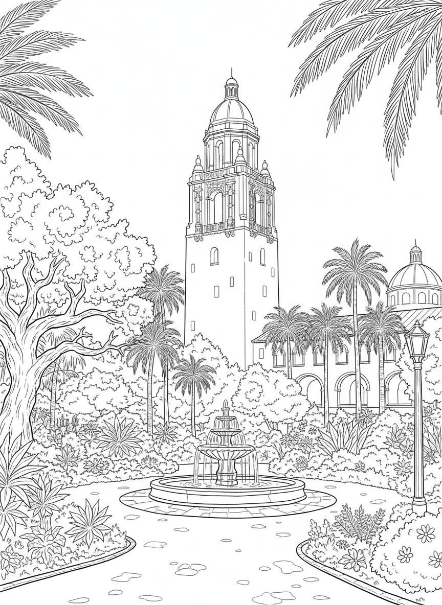 Balboa Park's California Tower surrounded by lush gardens, fountains, and walking paths, architectural landmark line art