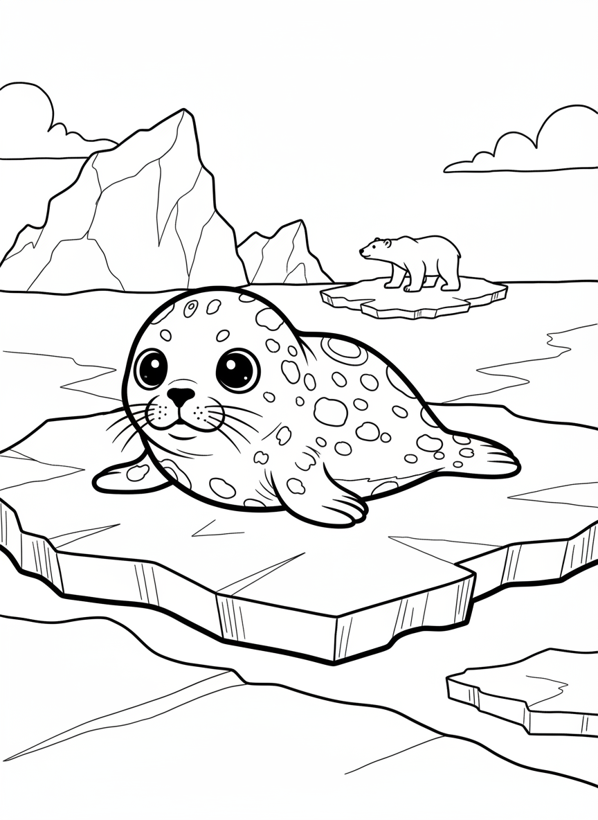 A seal pup lying on its belly on an ice sheet, with large eyes and spotted pattern on its coat, simple Arctic background