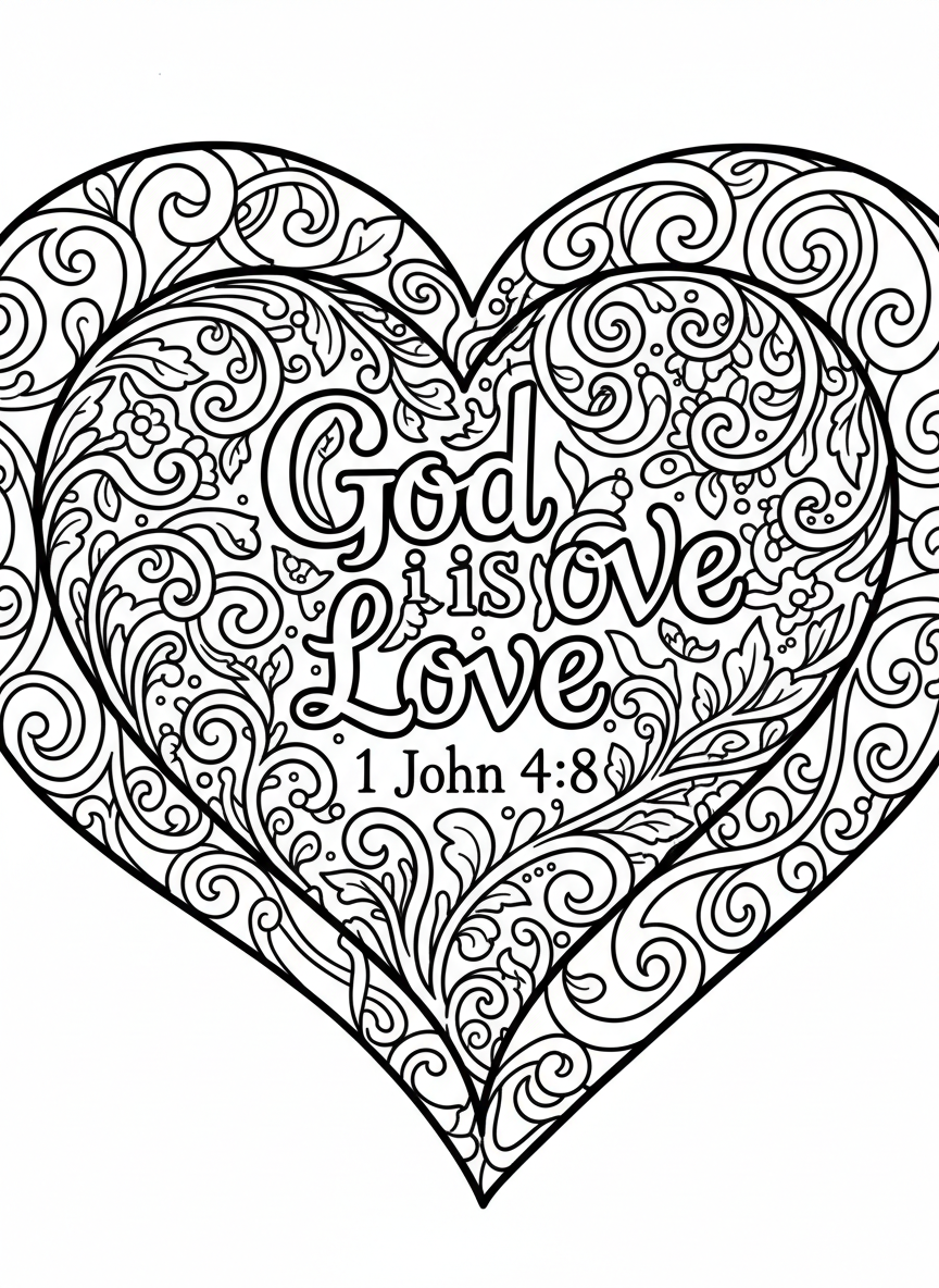 A large heart filled with intricate floral patterns and vines, with the words 'God is Love 1 John 4:8' integrated into the design