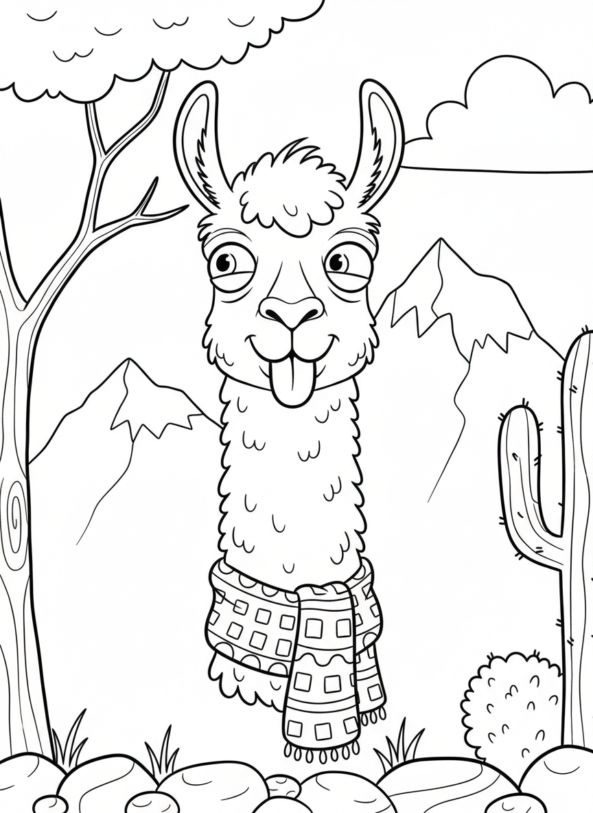 A silly llama sticking its tongue out and making a funny face, head and neck close-up with simple background.