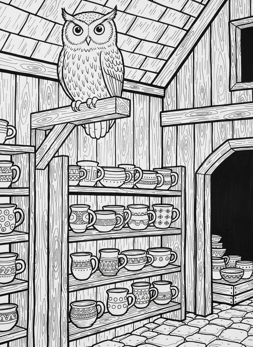 A wise owl perched on a barn beam above rows of handmade pottery mugs and bowls on wooden shelves below