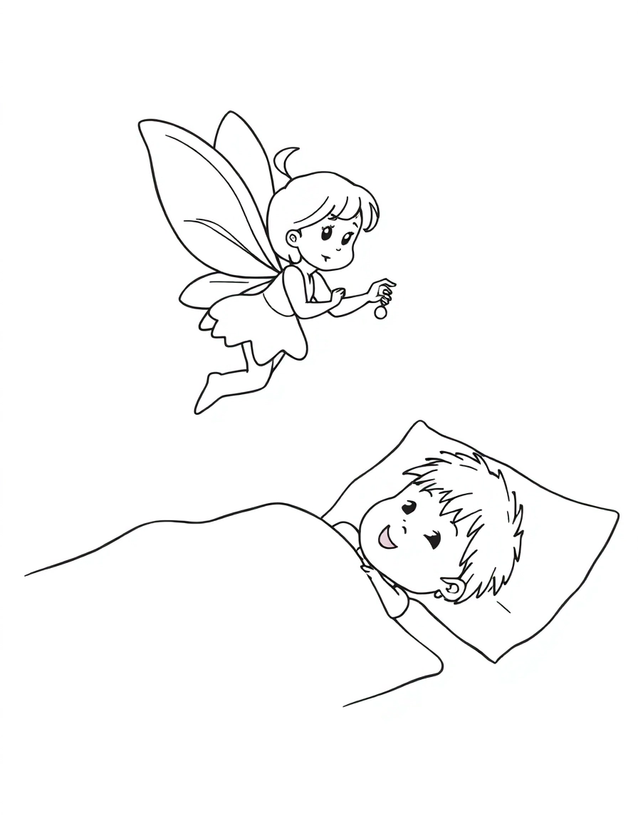 Tooth Fairy: The Visit: A whimsical fairy hovering over a sleeping child's pillow, swapping a tooth for a shiny coin.