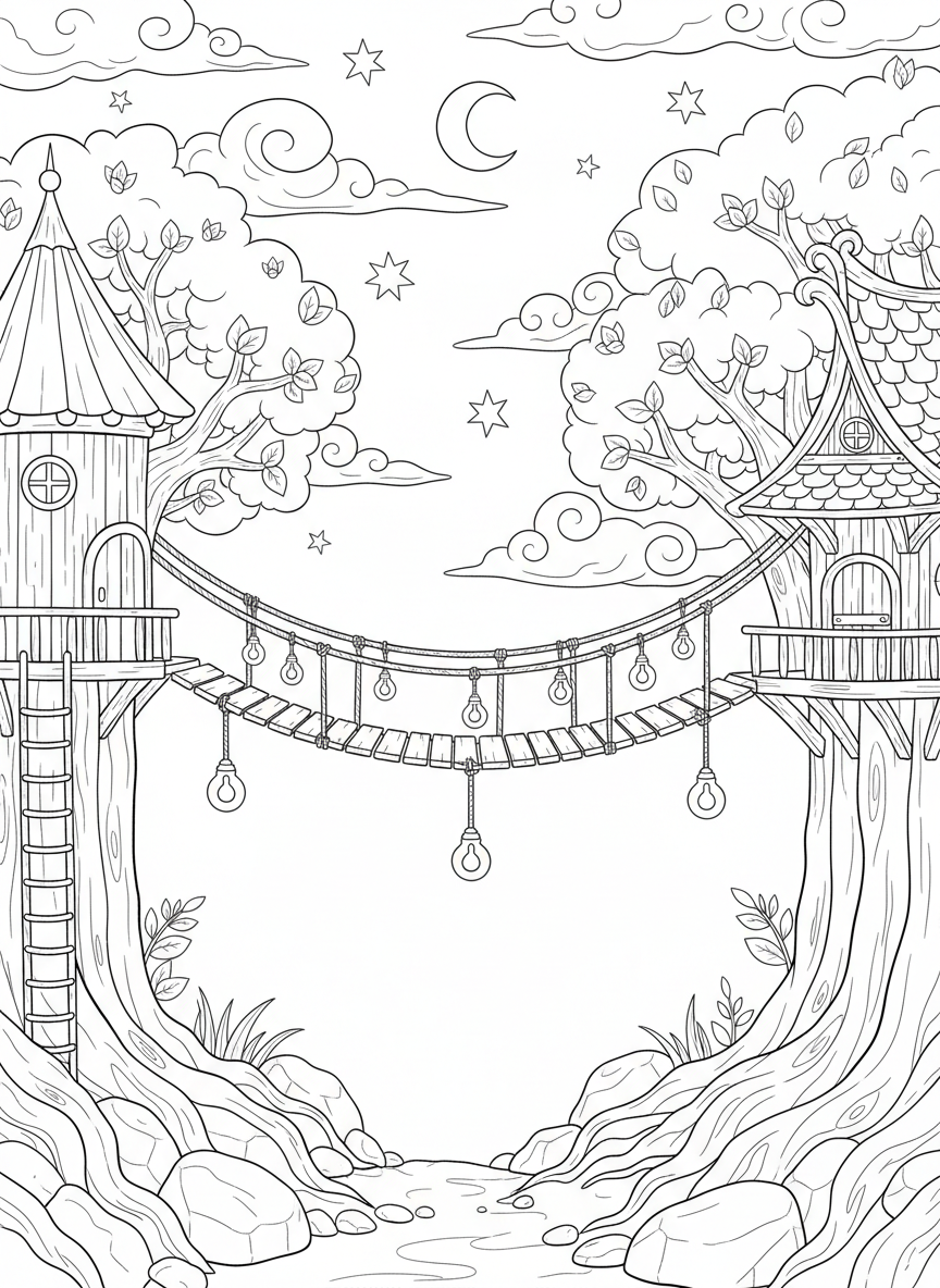 A rope bridge with lanterns hanging along its length connecting two cozy treehouses at sunset, magical peaceful atmosphere.