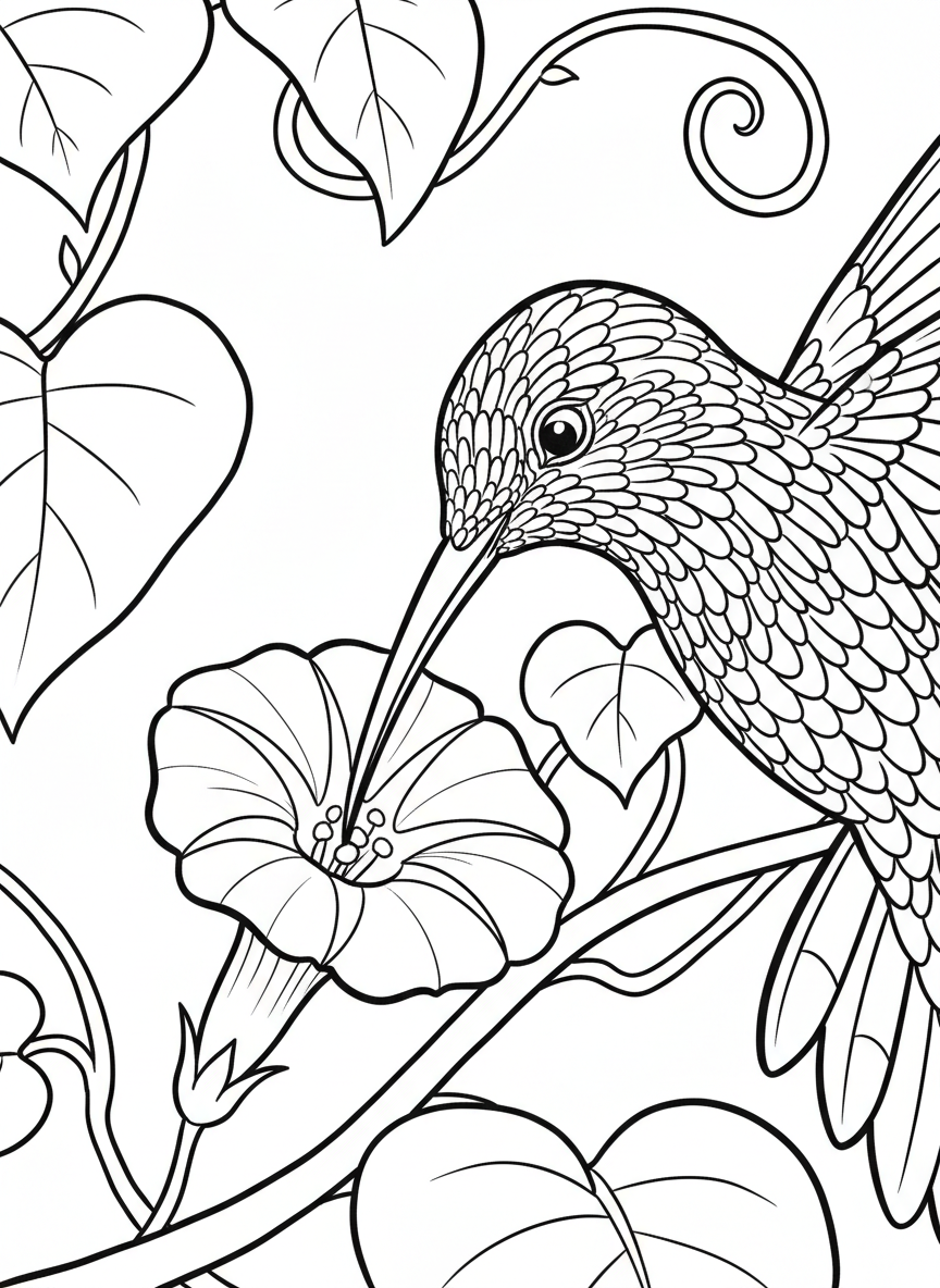 Close-up of a hummingbird's face and long beak reaching into a morning glory flower, showing intricate feather patterns