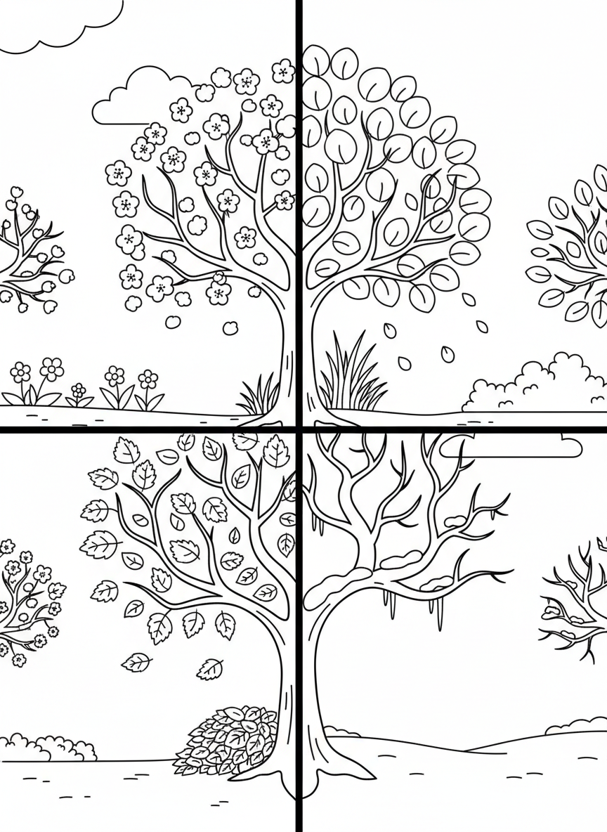 A tree growing through four seasons shown in quadrants: spring blossoms, summer leaves, fall colors, and winter branches.