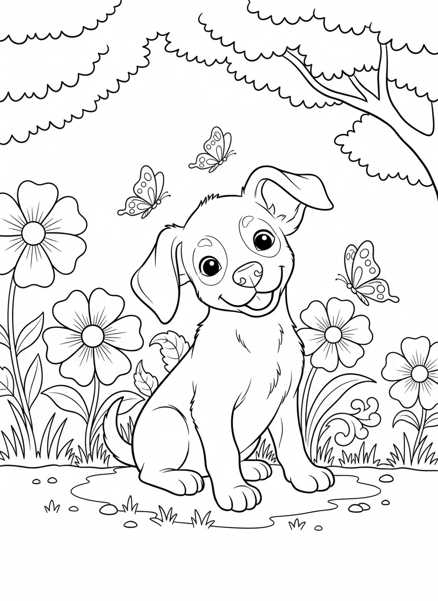 A playful puppy with floppy ears sitting in a garden surrounded by butterflies and flowers, simple line art with clear outlines.