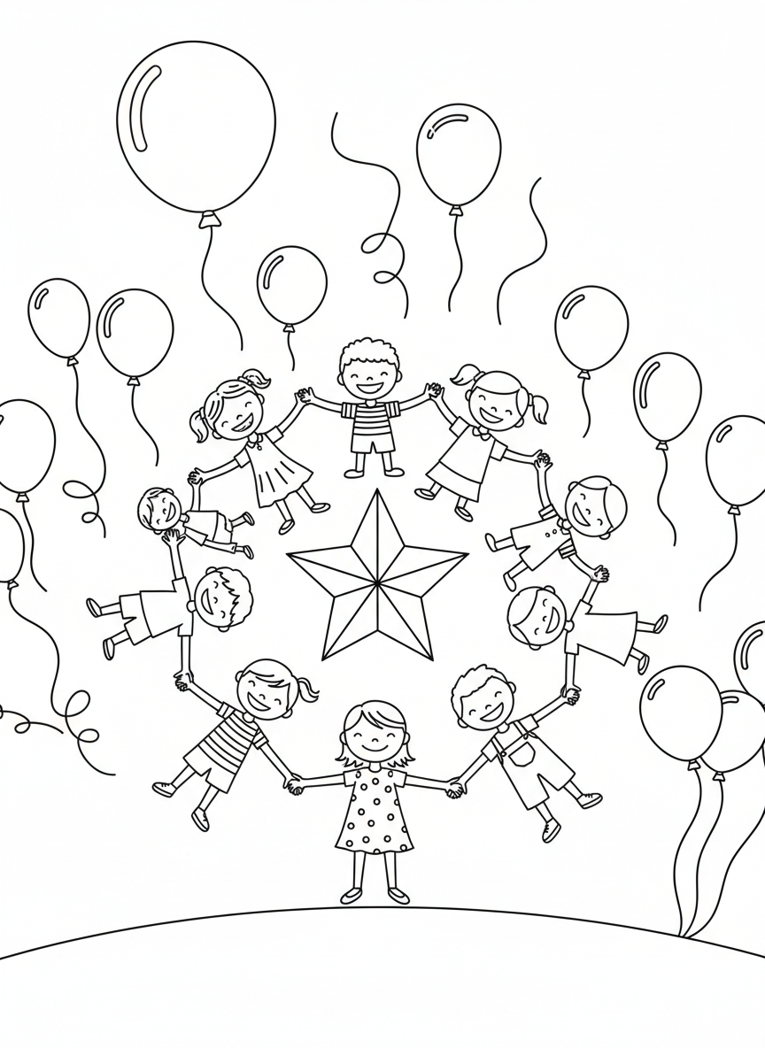 A joyful group of diverse children holding hands in a circle around a large star, with balloons and streamers floating above them, simple line art for coloring