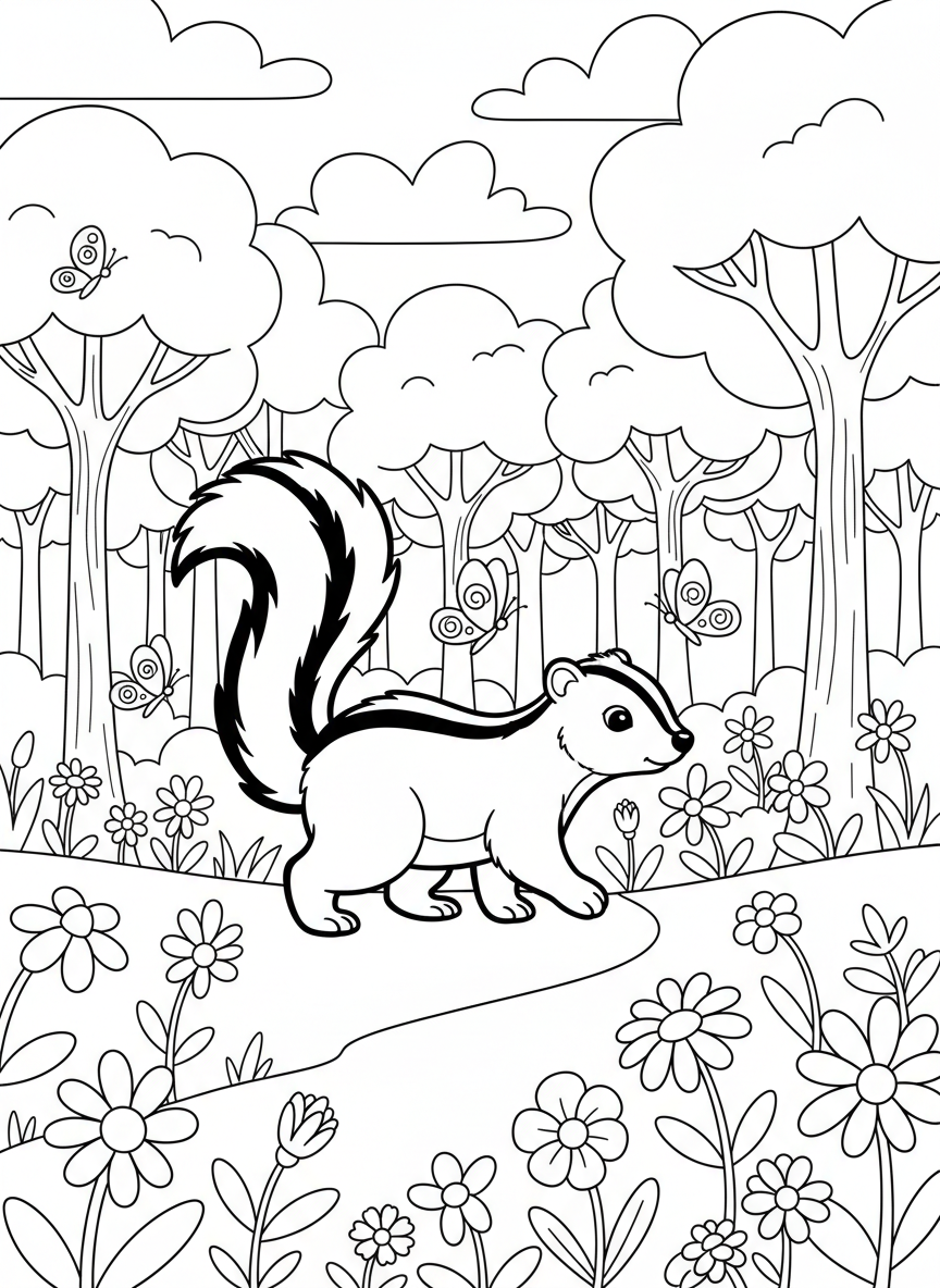 A skunk walking along a forest path lined with wildflowers and butterflies on a sunny day.
