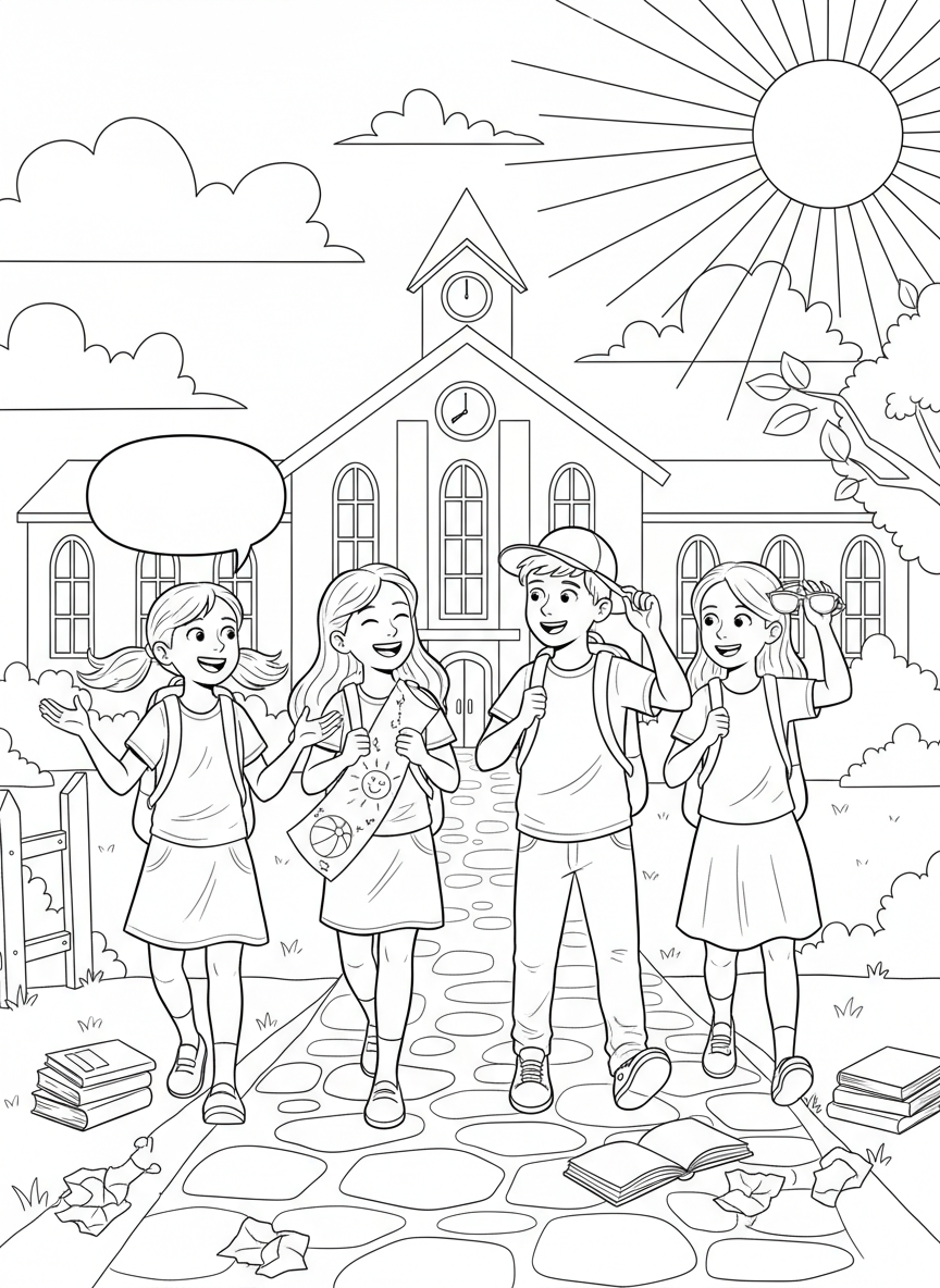 Last Day of School coloring page prompts capturing celebration, relief, nostalgia, and the start of summer freedom.	A group of students walking home together, talking excitedly about summer plans.