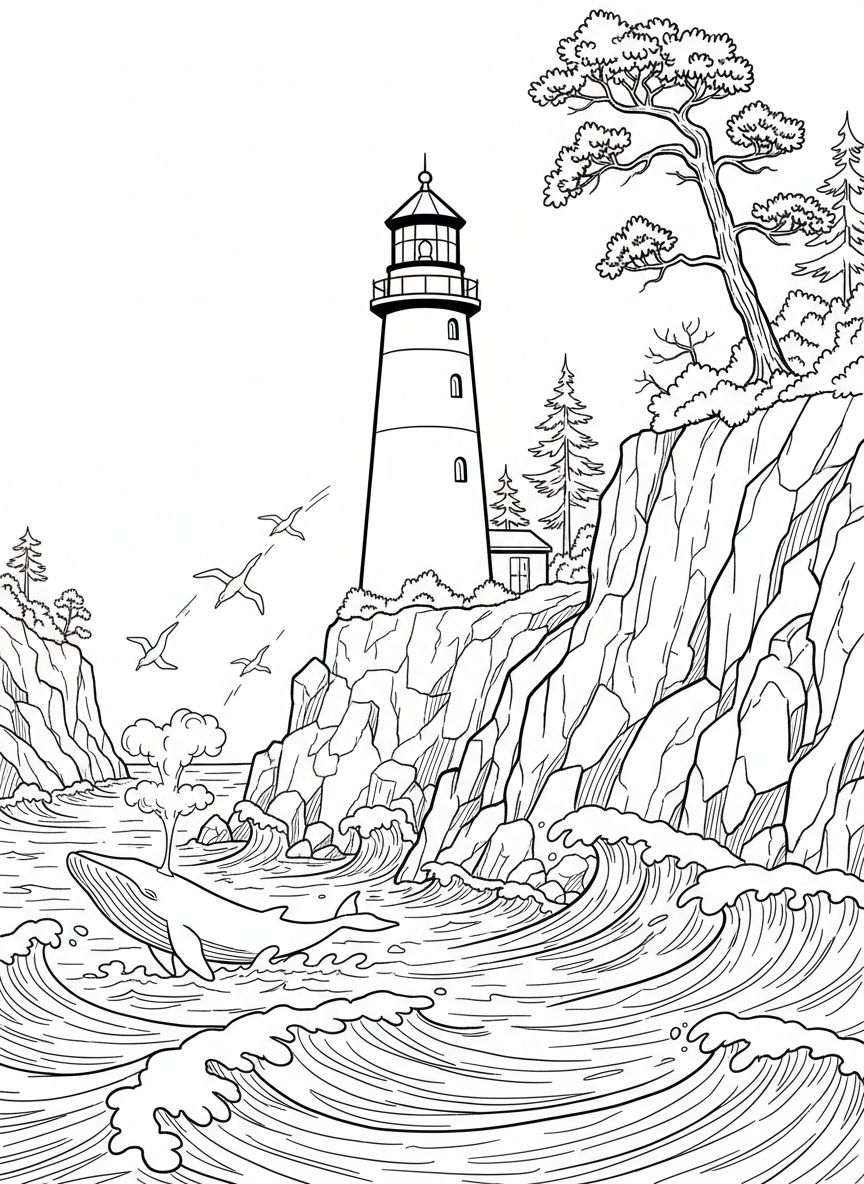 A lighthouse with a whale spouting water in the ocean nearby, seabirds diving for fish, and a rocky shoreline
