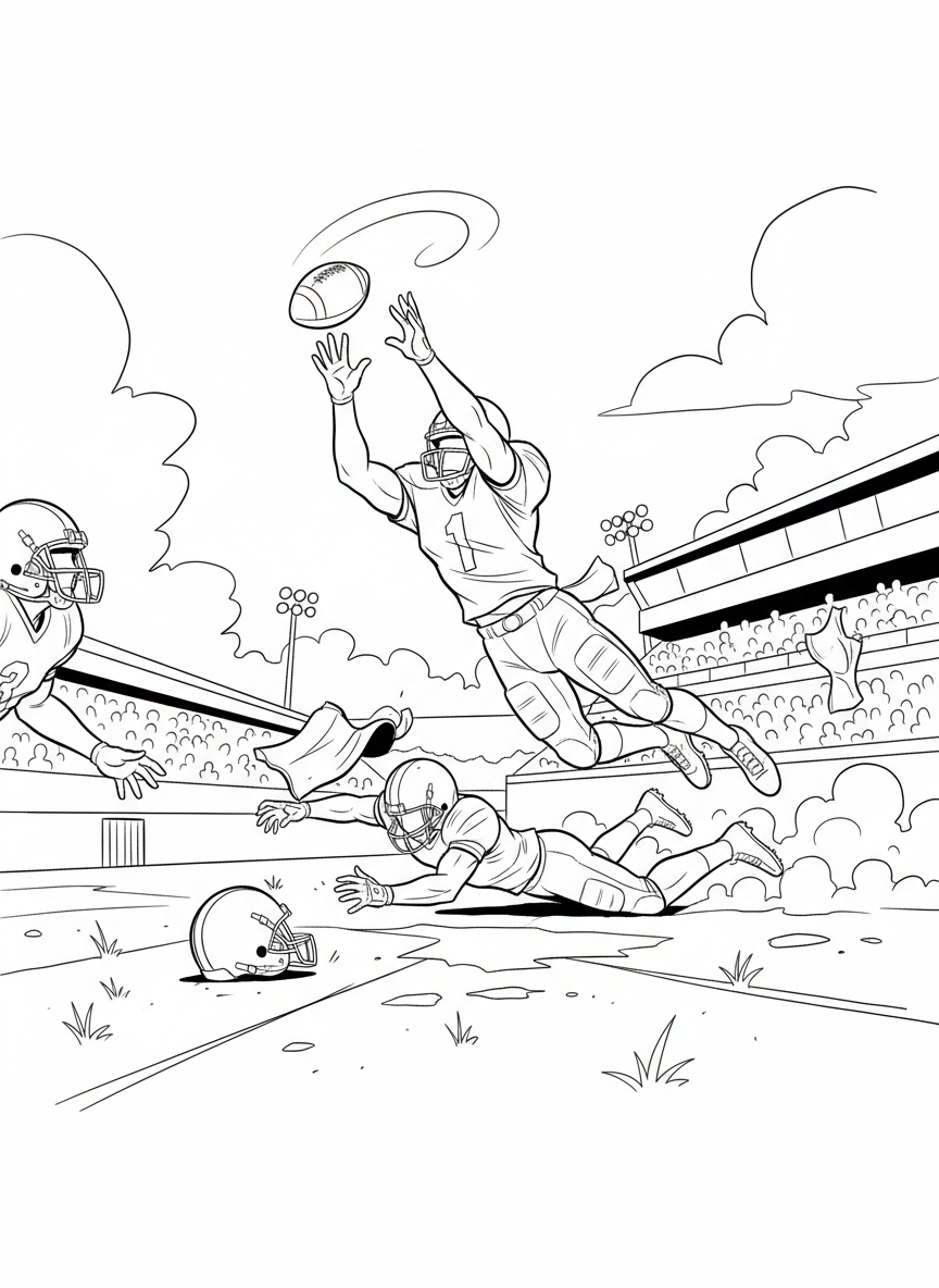 A football player catching a ball mid-air with arms extended upward, action-packed moment frozen in time