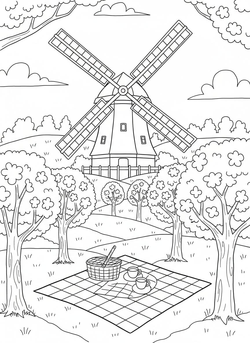 A spring scene with a windmill surrounded by blooming cherry blossom trees and a picnic blanket on the grass.