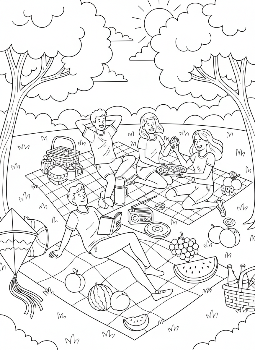 Labor Day Picnic coloring page prompts celebrating late-summer gatherings, relaxation, and seasonal transition.	Friends reclining on blankets, enjoying the slower pace of the holiday.