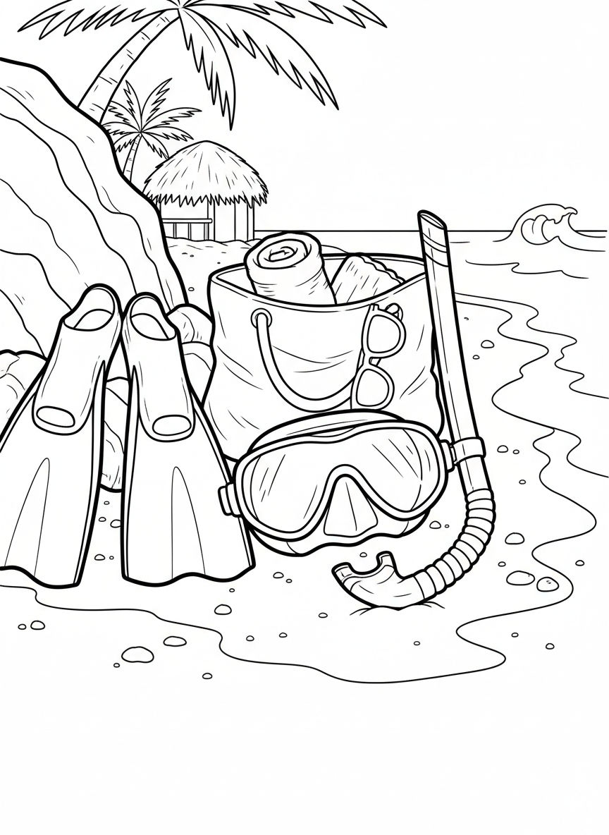 Close-up of snorkel equipment laid out on sand: mask, snorkel tube, fins, and a beach bag, ready for adventure