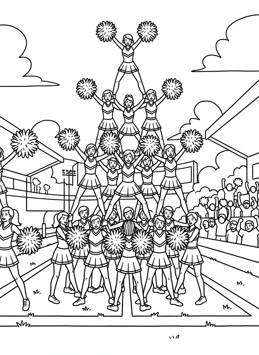 Cheerleaders forming a pyramid on the sideline with pom-poms, energetic and synchronized performance.