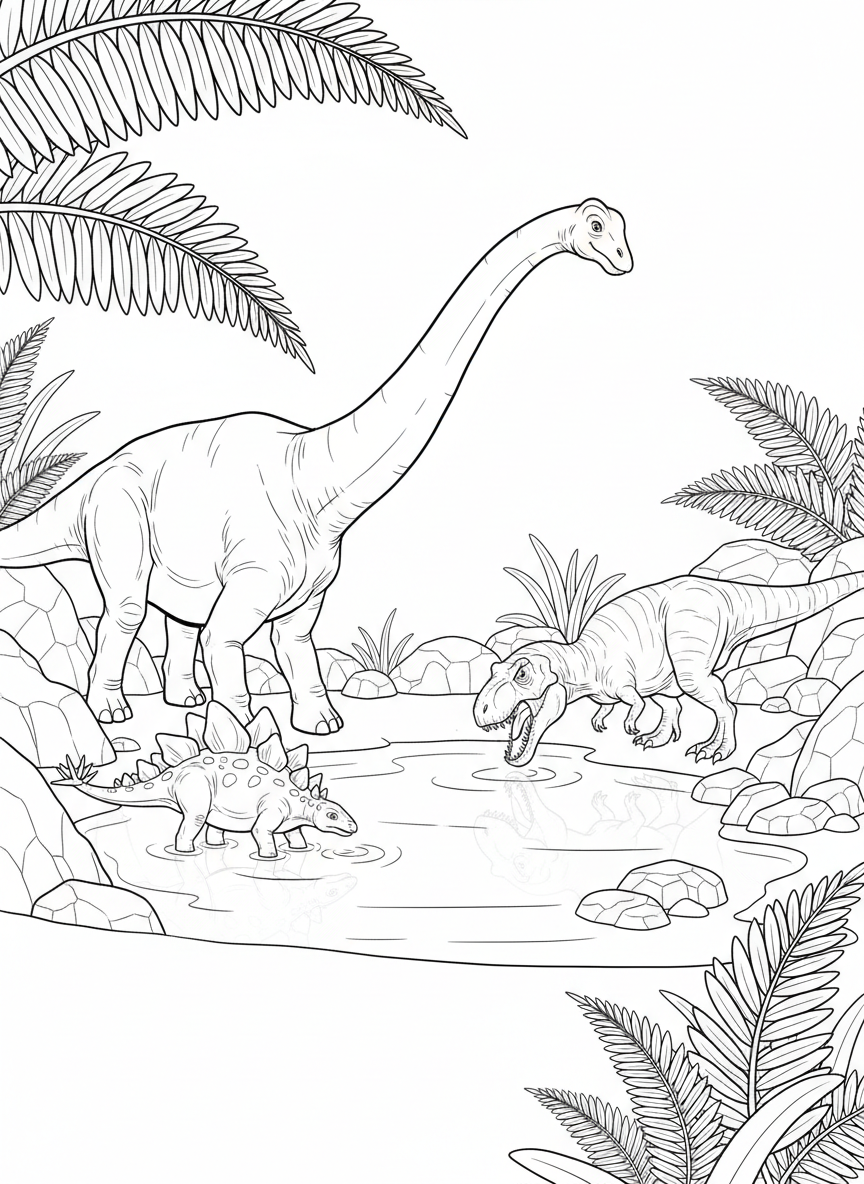 A group of three different dinosaurs drinking water together at a peaceful watering hole surrounded by ferns and rocks.