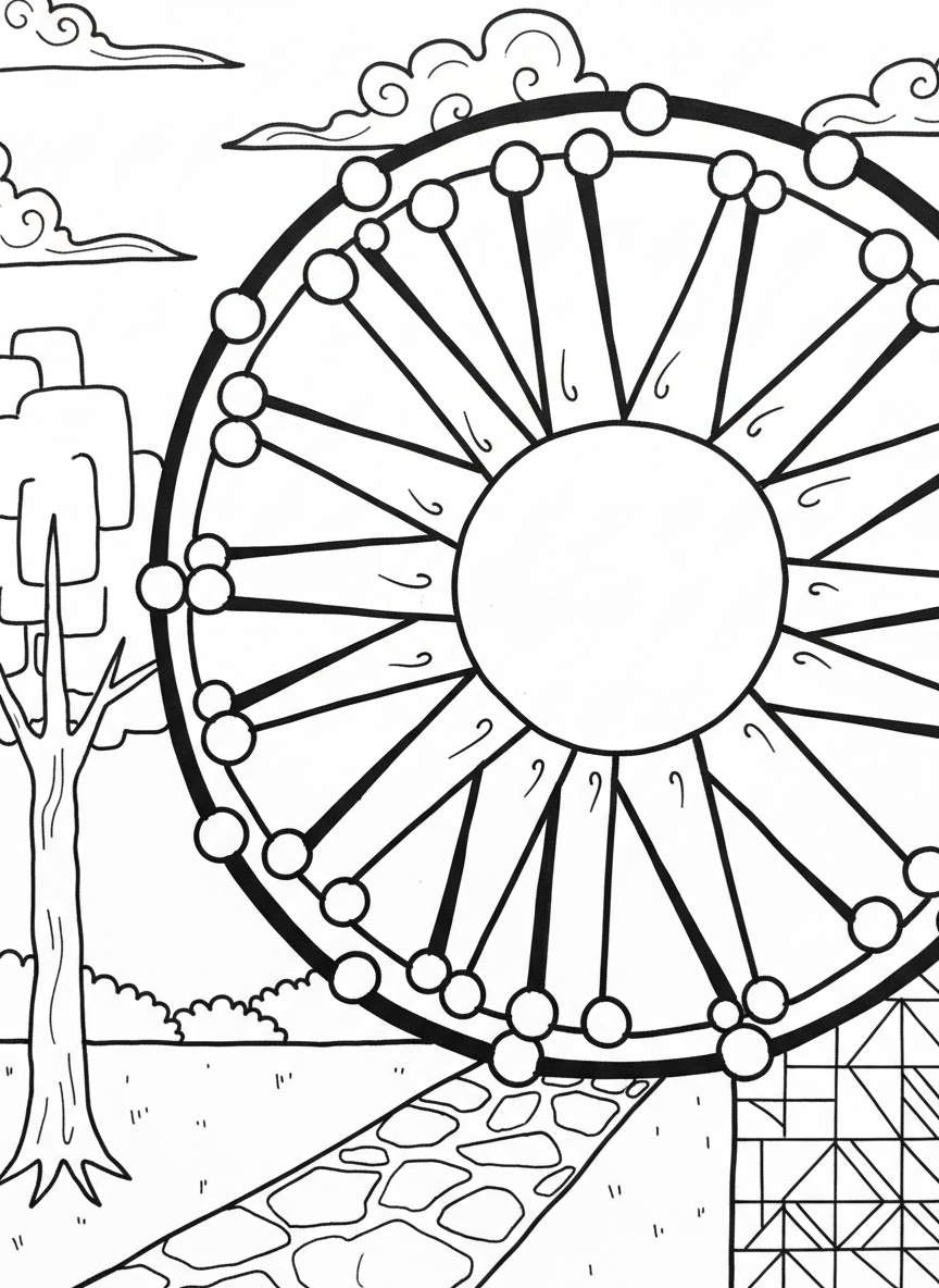 A simple circular mandala made of large triangular shapes pointing outward like sun rays, with small circles at each tip