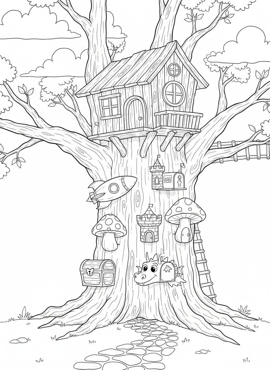 A treehouse with multiple mailboxes of different shapes and sizes nailed to the tree trunk, each labeled with fun names and decorated uniquely.
