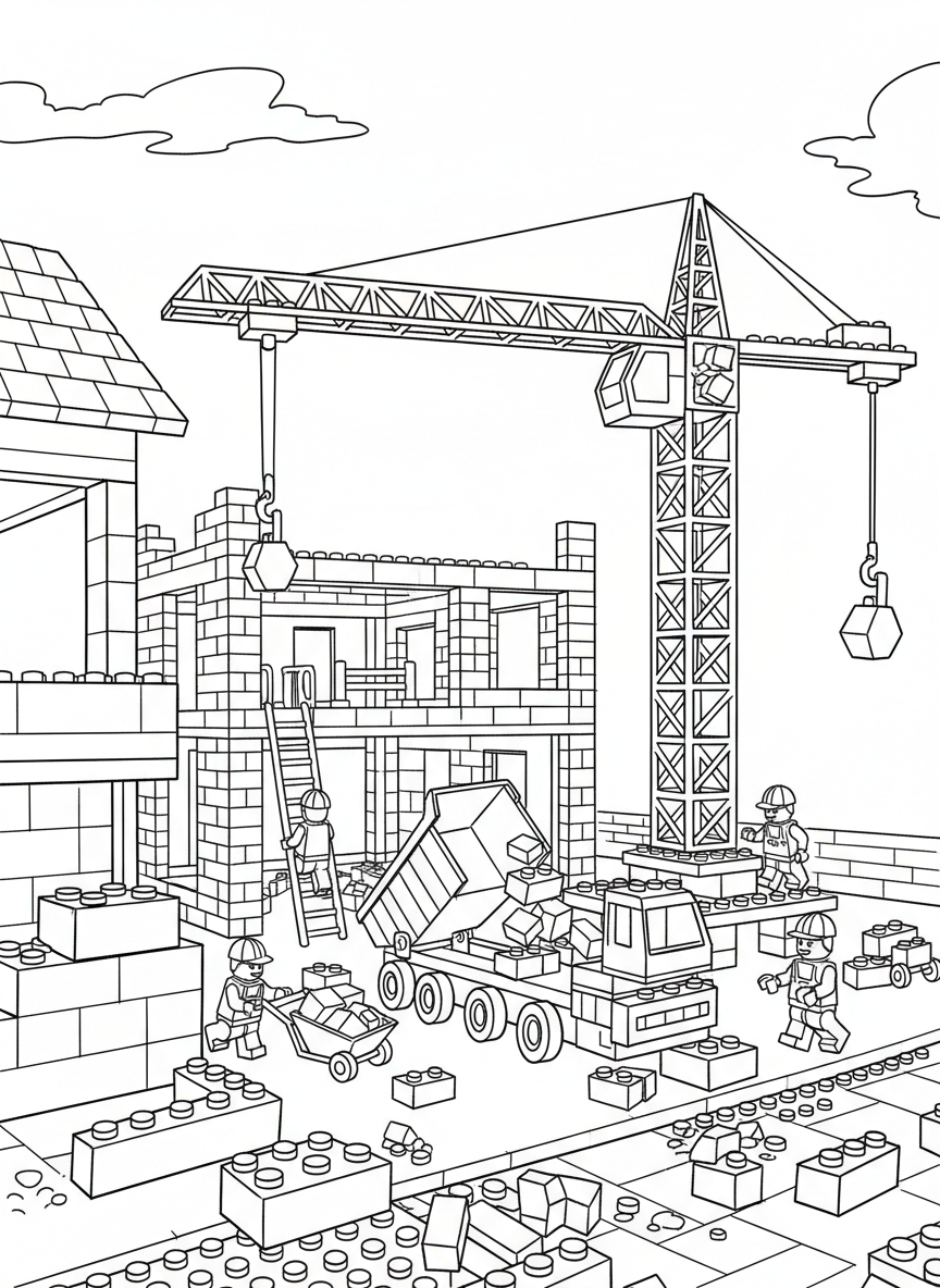 A toy brick construction site with a crane, dump truck, building materials, and worker minifigures wearing hard hats.