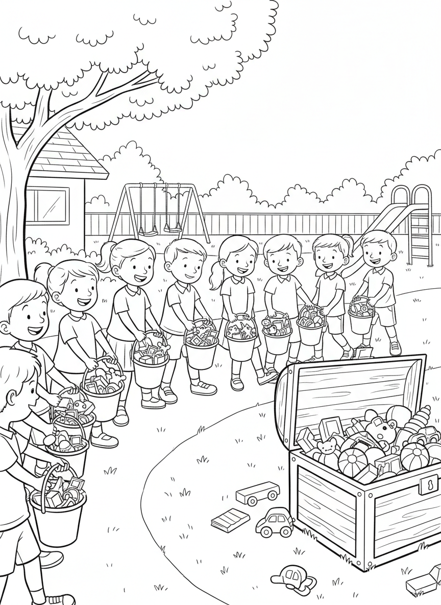 Students passing toys in a bucket brigade style to put them away, showing cooperation and teamwork, playful scene