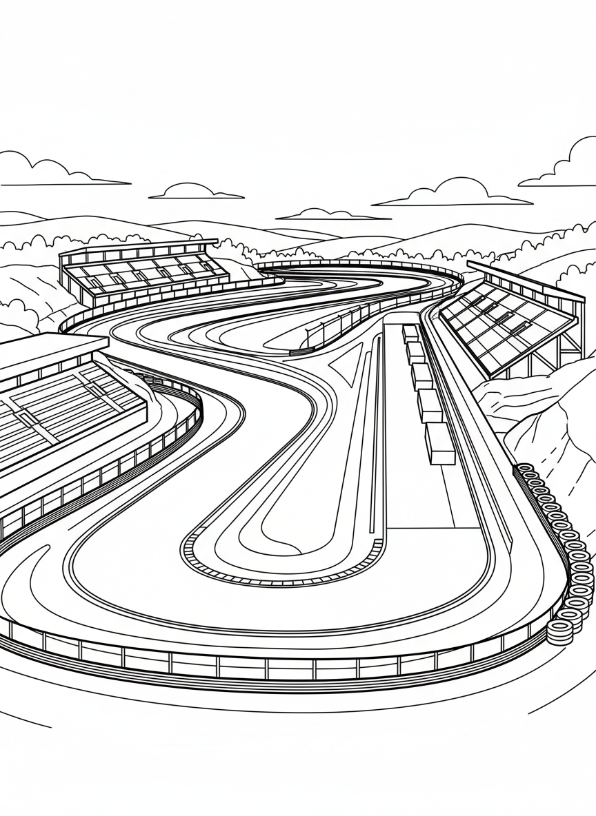 An overhead view of a winding Formula One race track with multiple turns, grandstands, and pit lane clearly visible.
