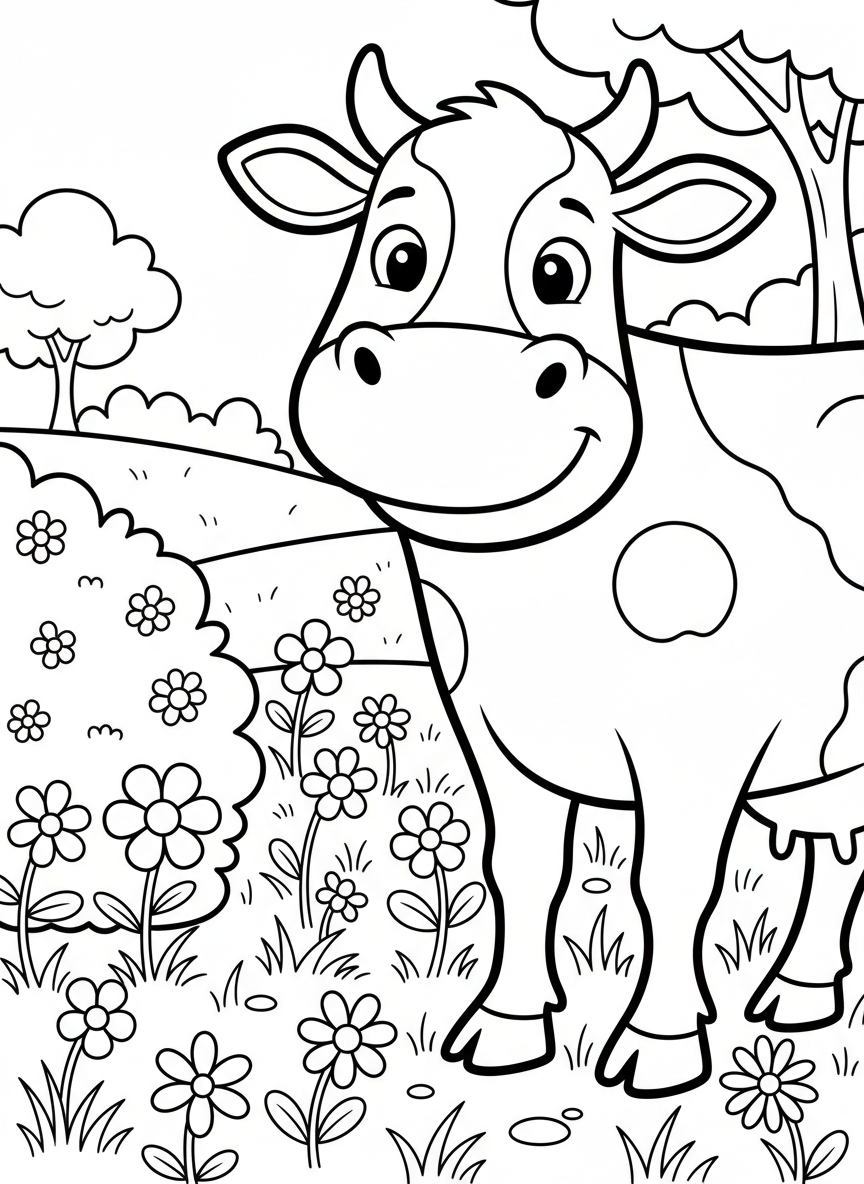 A friendly cow standing in a grassy meadow with flowers, simple line art with clear outlines perfect for young children to color.