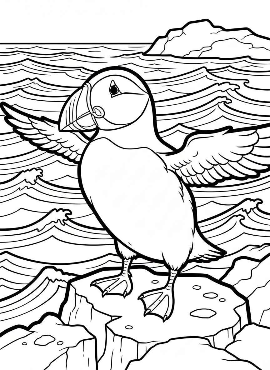 A puffin standing on a cliff edge with its distinctive colorful beak, wings slightly spread, overlooking the ocean
