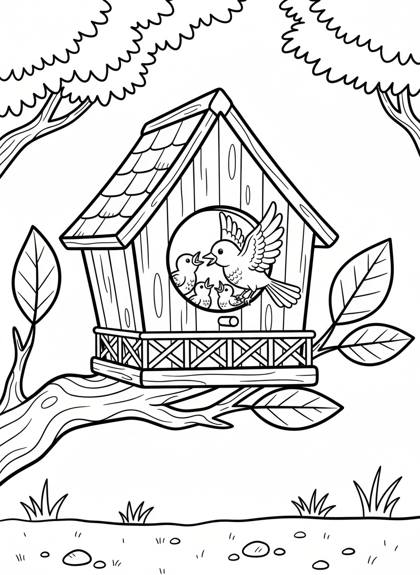 A cozy birdhouse with a shingled roof and front porch, with a mother bird feeding baby birds inside