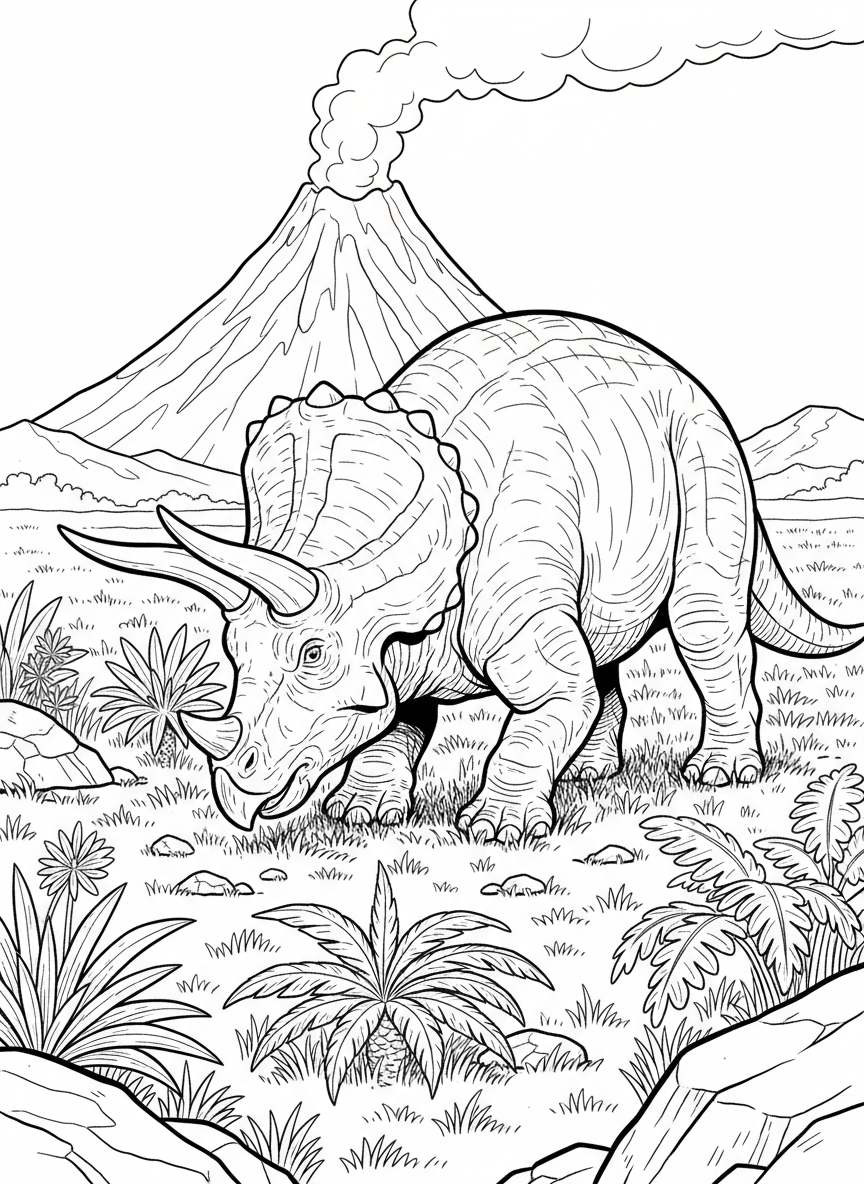 A Triceratops with three horns and a large frill, grazing on low plants in an open field with a volcano in the distance.