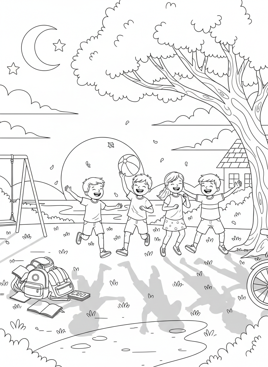 Last Day of School coloring page prompts capturing celebration, relief, nostalgia, and the start of summer freedom.	An evening scene marking the official start of summer, backpacks set aside and daylight stretching long.